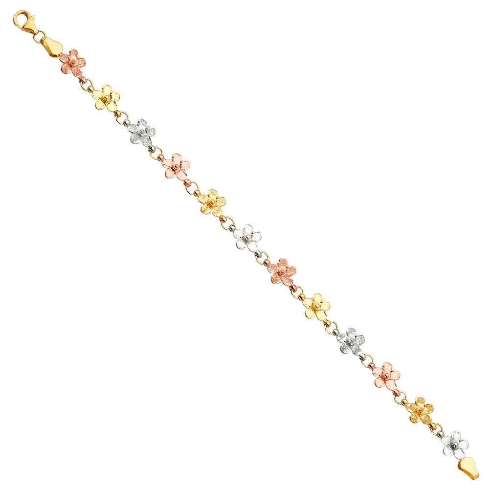14K Tri-Color Gold Flower Link Women's Bracelet Size 7.5"