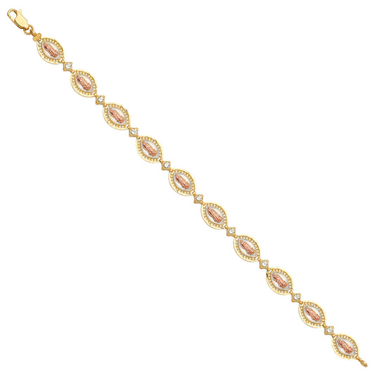14K Tri-Color Gold Virgen de Guadalupe Marquise Design Bracelet with Cubic Zirconia