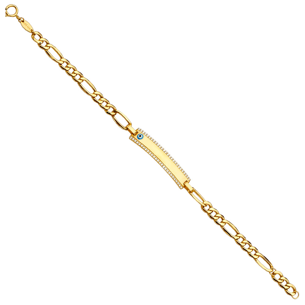 14K Yellow Gold Children's Figaro Link Evil Eye ID Bracelet with CZ Accents