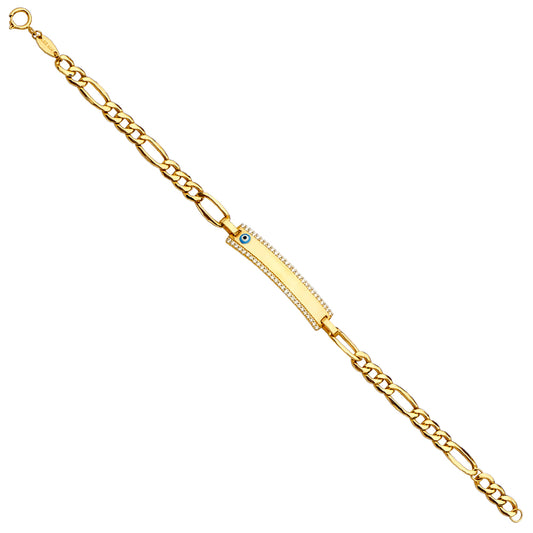 14K Yellow Gold Children's Figaro Link Evil Eye ID Bracelet with CZ Accents