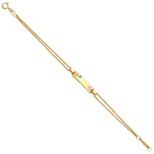 14K Yellow Gold Children's Double Chain ID Bracelet with Evil Eye and Heart Accents