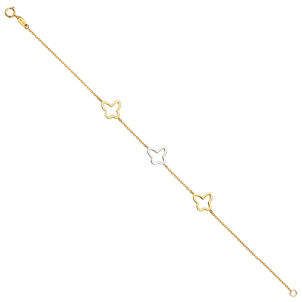14K Tri-Color Gold Three Butterfly Link Bracelet
