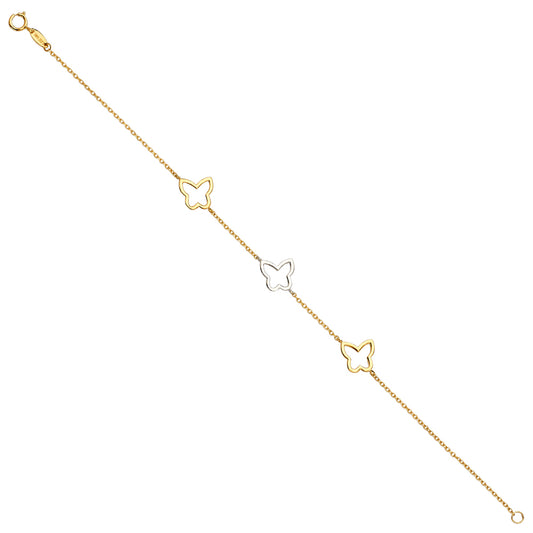 14K Tri-Color Gold Three Butterfly Link Bracelet