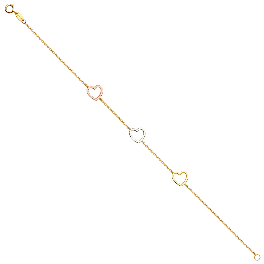 14K Tri-Color Gold Three Heart Link Bracelet