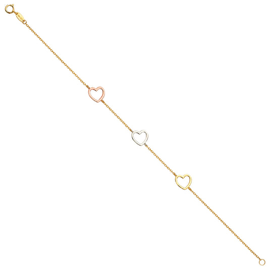 14K Tri-Color Gold Three Heart Link Bracelet