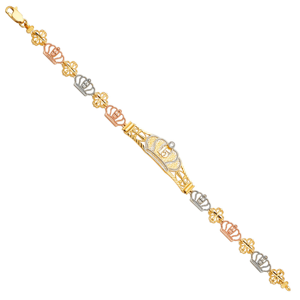 14K Tri-Color Gold Mis 15 Años Crown Bracelet with Crown and Bow Link Design and a CZ Accent
