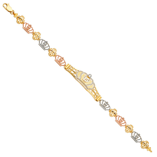 14K Tri-Color Gold Mis 15 Años Crown Bracelet with Crown and Bow Link Design and a CZ Accent
