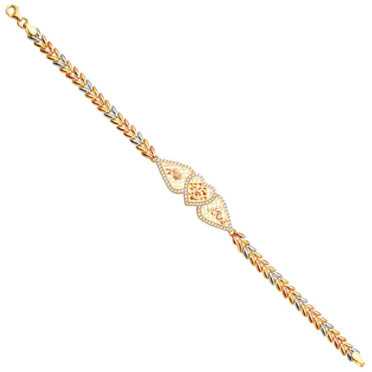 14K Tri-Color Gold Quinceañera Heart Filigree Bracelet with CZ Accents