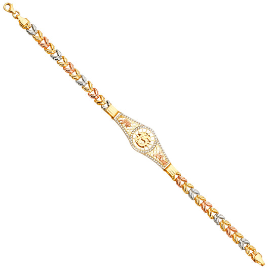 14K Tri-Color Gold Quinceañera Round Filigree Bracelet with CZ Accents