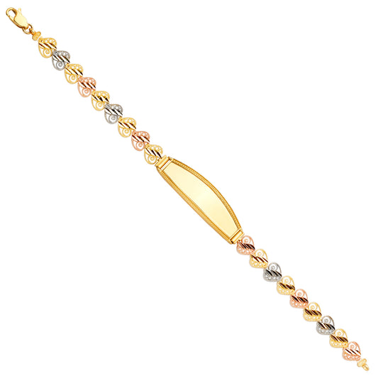 14K Tri-Color Gold Heart Link ID Bracelet
