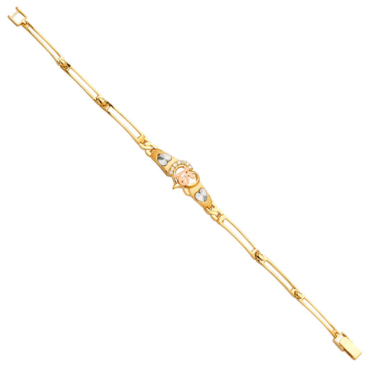 14K Tri-Color Gold Quinceañera Bracelet with Open Heart “15” Centerpiece
