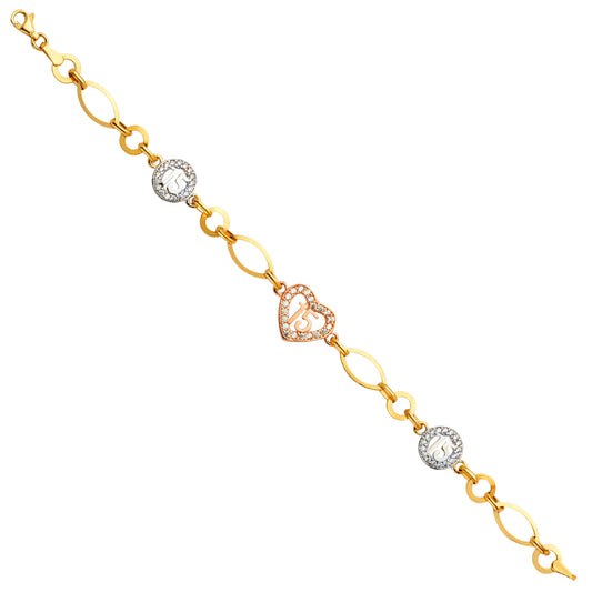14K Tri-Color Gold Quinceañera Bracelet with Heart and Round “15” Accents