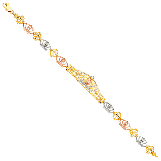 14K Tri-Color Gold Virgen de Guadalupe and Crown Filigree Bracelet with Cubic Zirconia