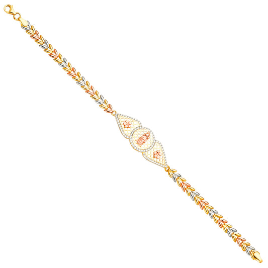 14K Tri-Color Gold Virgen de Guadalupe Filigree Bracelet with Cubic Zirconia