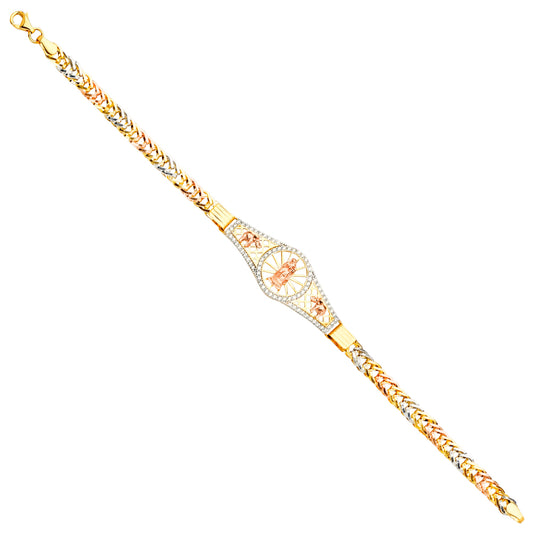 14K Tri-Color Gold Virgen de Guadalupe Curb Link Bracelet with Cubic Zirconia