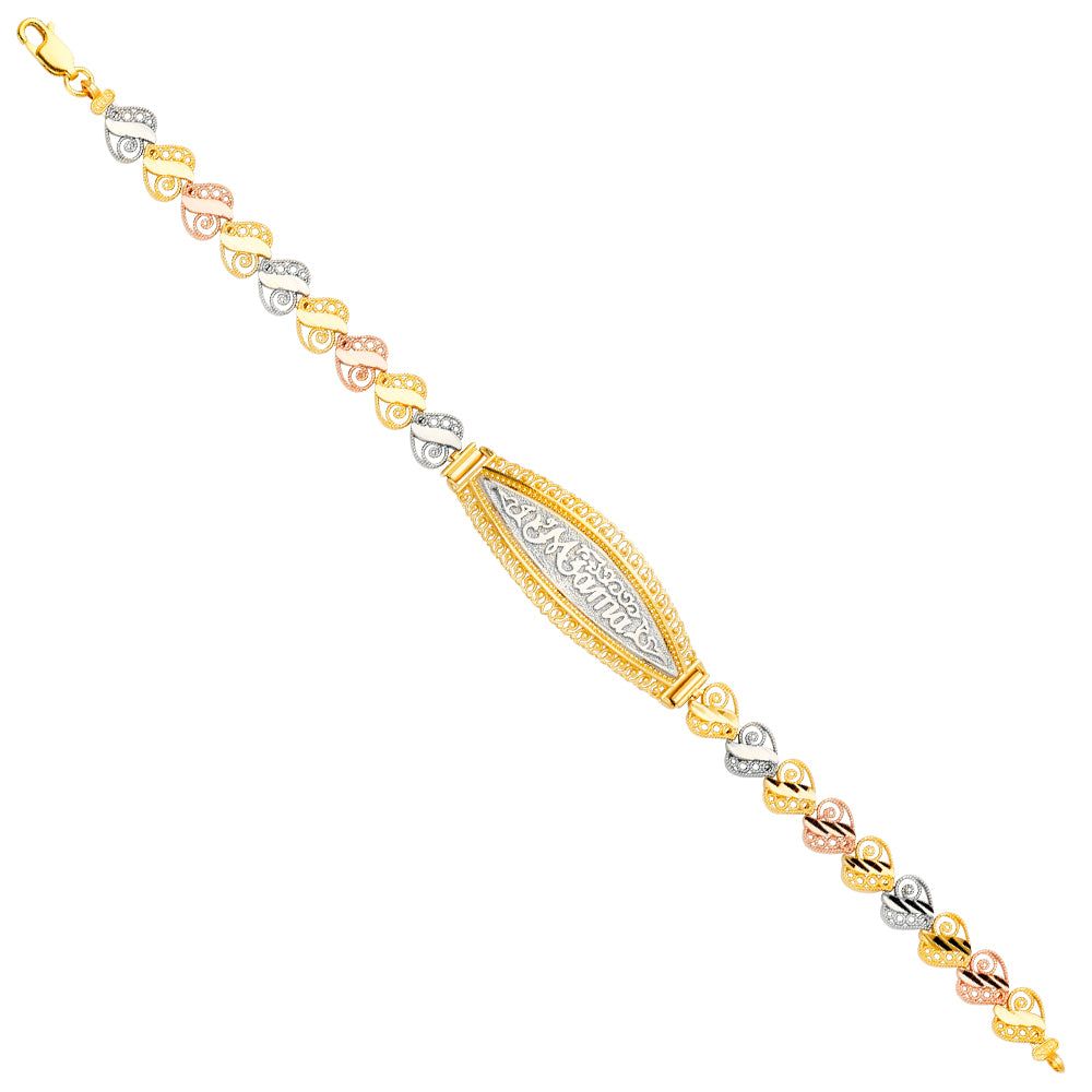 14K Tri-Color Gold Filigree Mother’s Bracelet with Elongated Center Showcasing “Mamá”