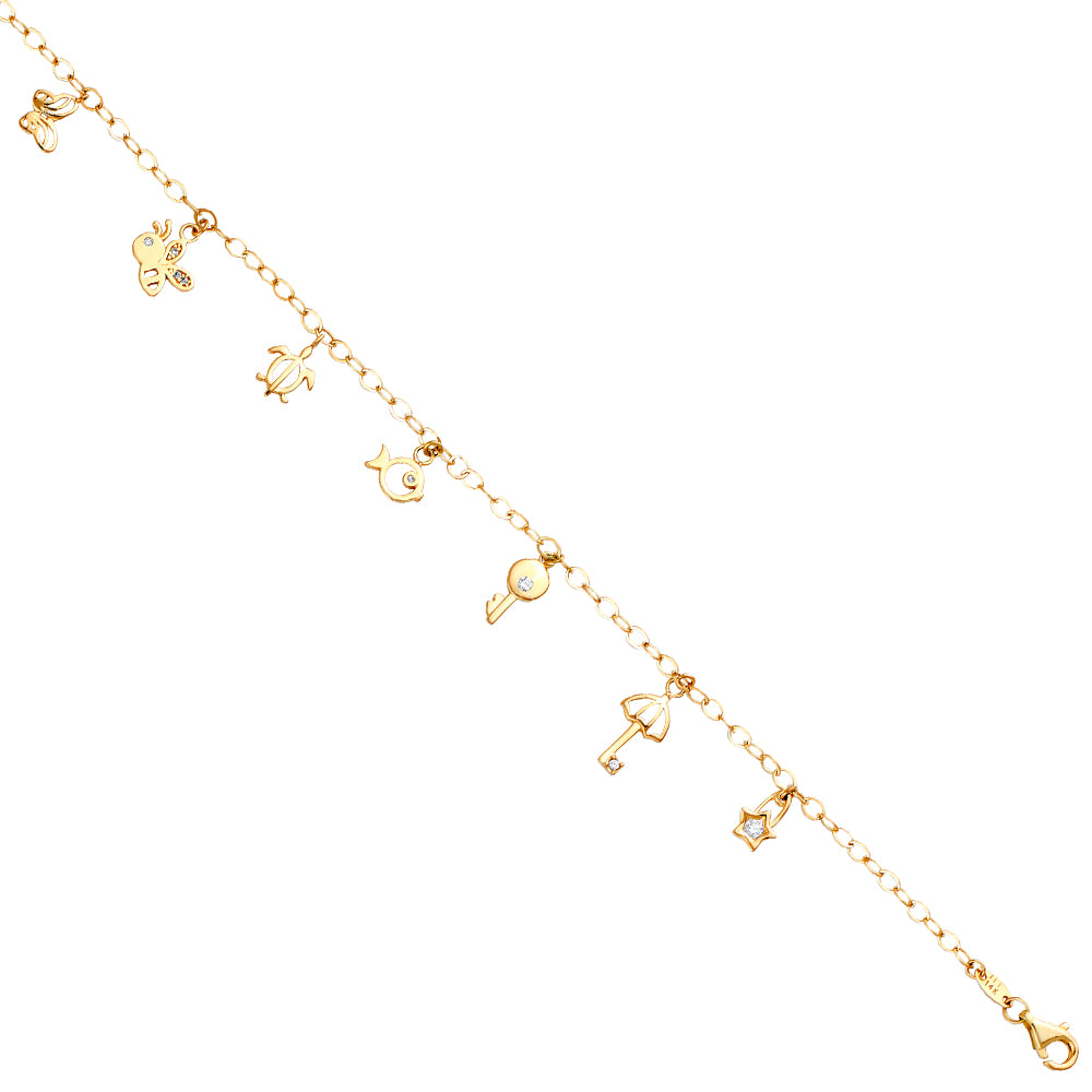 14K Yellow Gold Woman’s Multi-Charm Anklet accented with Cubic Zirconias
