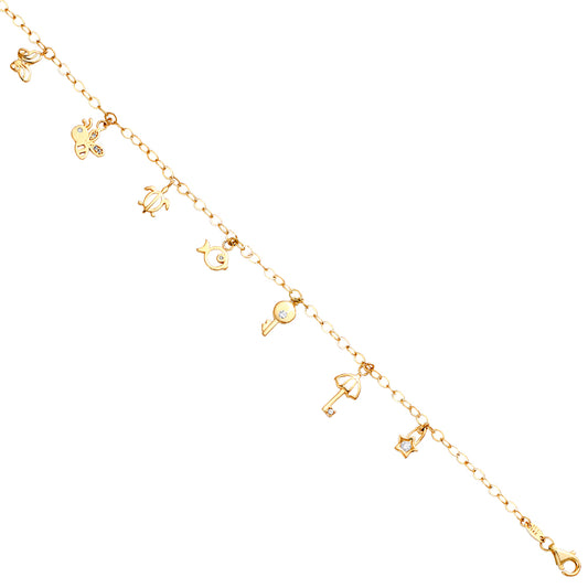 14K Yellow Gold Woman’s Multi-Charm Anklet accented with Cubic Zirconias