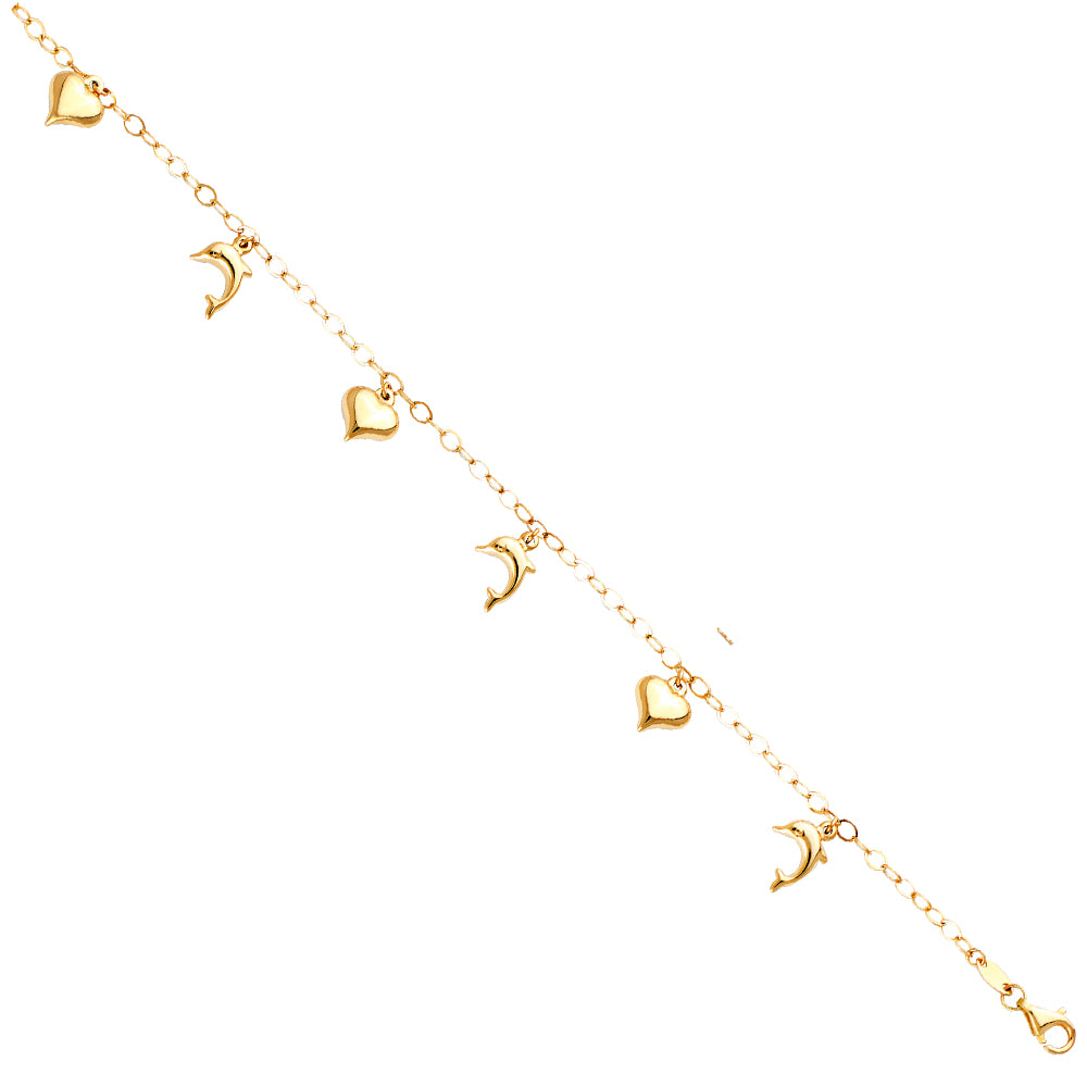 14K Yellow Gold Woman’s Heart and Dolphin Charm Anklet