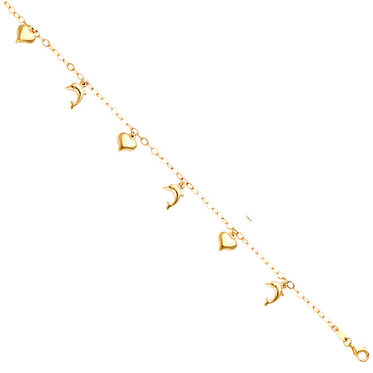 14K Yellow Gold Woman’s Heart and Dolphin Charm Anklet