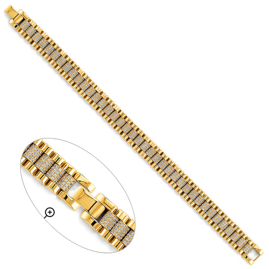 14K Yellow Gold Men’s Fancy Link 11mm wide Bracelet with CZ Stones