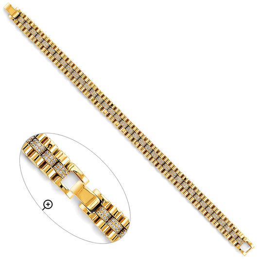 14K Yellow Gold Men’s Fancy Link 9mm wide Bracelet with CZ Stones