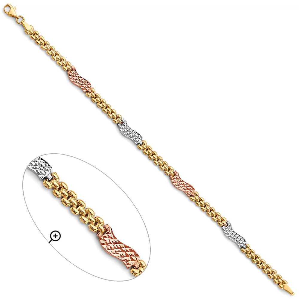 14K Tri-Color Gold Diamond Cut Fancy Link Women's Bracelet size 7.5"