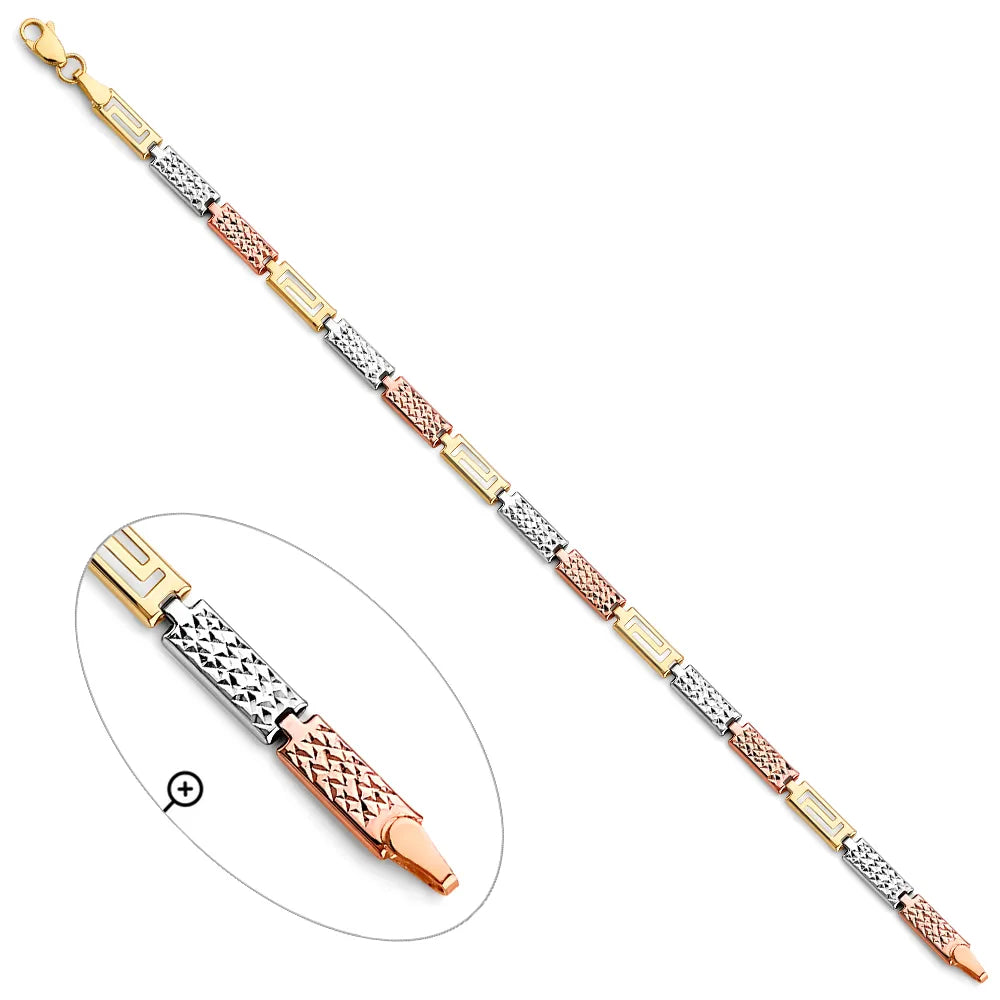 14K Tri-Color Gold Greek Key Design Diamond Cut Women's Bracelet size 7.5"