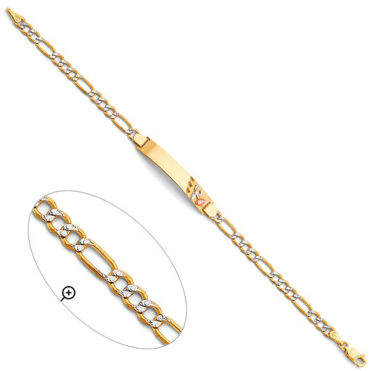 14K Tri-Color Gold Rose ID Figaro Link Bracelet