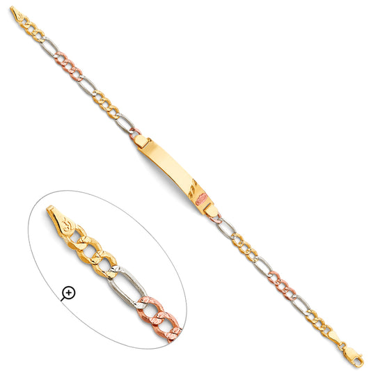 14K Tri-Color Gold Guadalupe Design Figaro Link ID Bracelet