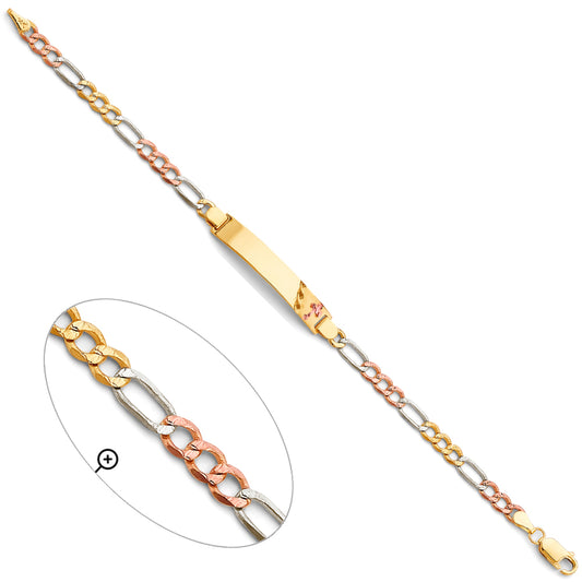 14K Tri-Color Gold Cross Design Figaro Link ID Bracelet