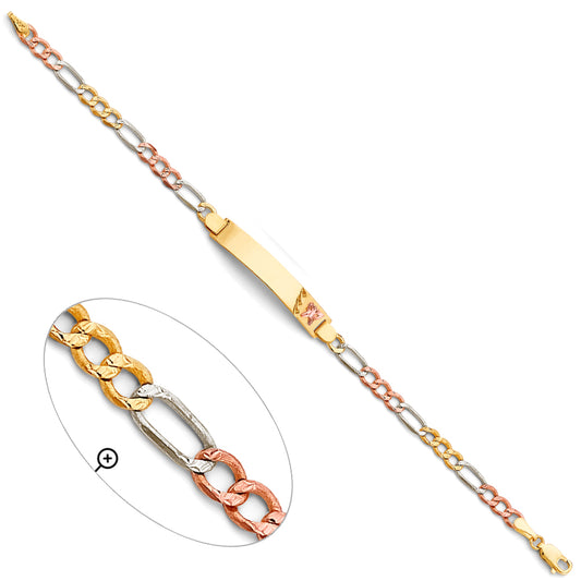 14K Tri-Color Gold Butterfly Design Figaro Link ID Bracelet