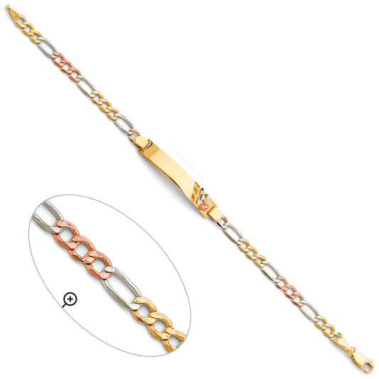 14K Tri-Color Gold Rose Design Figaro Link ID Bracelet