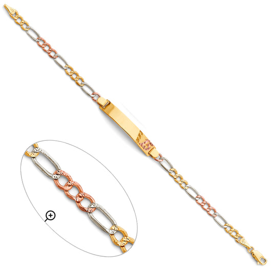 14K Tri-Color Gold XV Quinceañera Figaro Link ID Bracelet