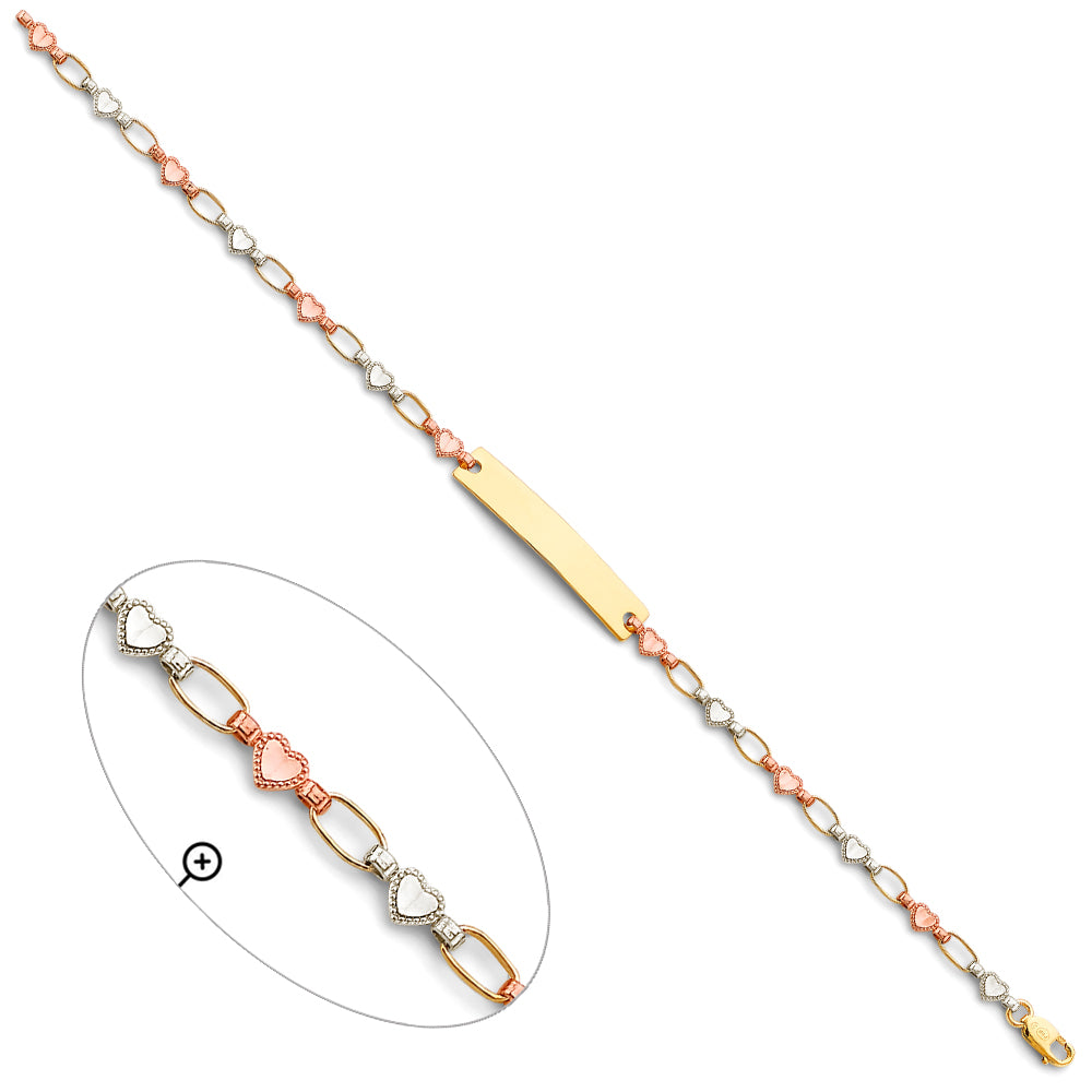14K Tri-Color Gold Heart Link ID Bracelet
