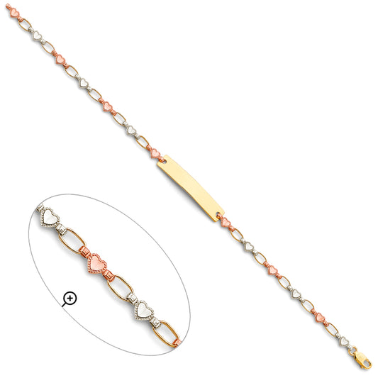 14K Tri-Color Gold Heart Link ID Bracelet