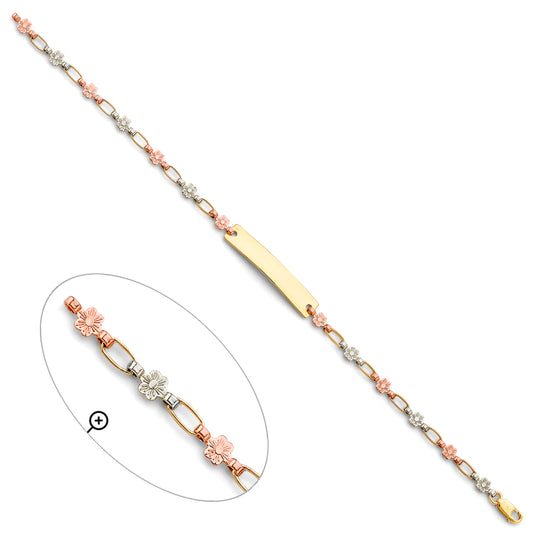 14K Tri-Color Gold Flower Link ID Bracelet