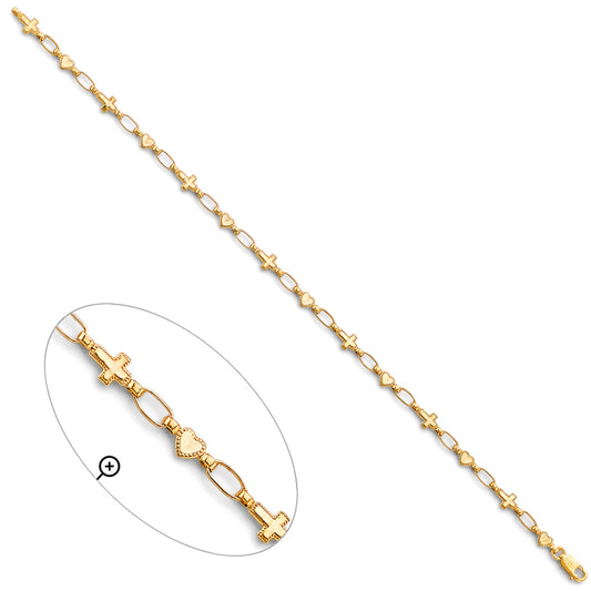 14K Yellow Gold Cross and Heart Link Bracelet