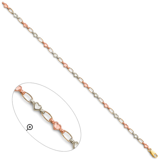 14K Tri-Color Gold Heart Link Bracelet