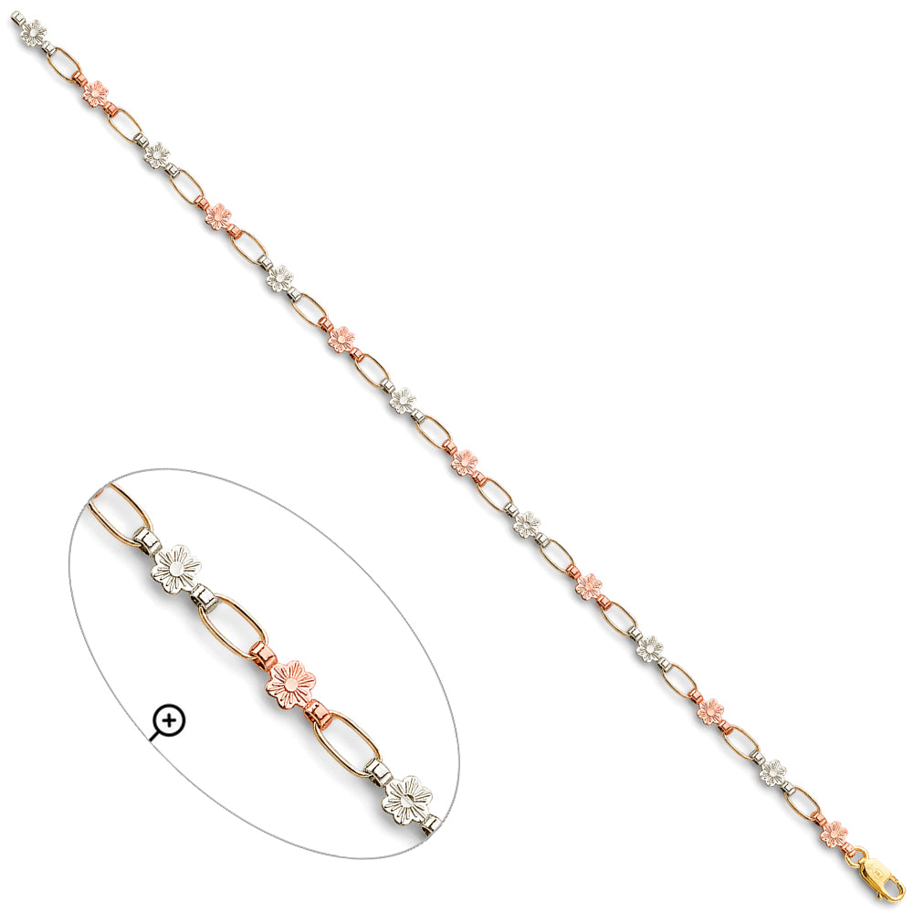 14K Tri-Color Gold Flower Link Bracelet