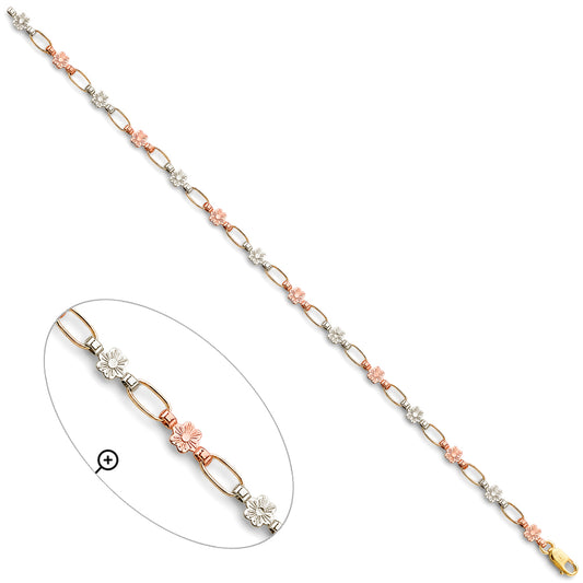 14K Tri-Color Gold Flower Link Bracelet