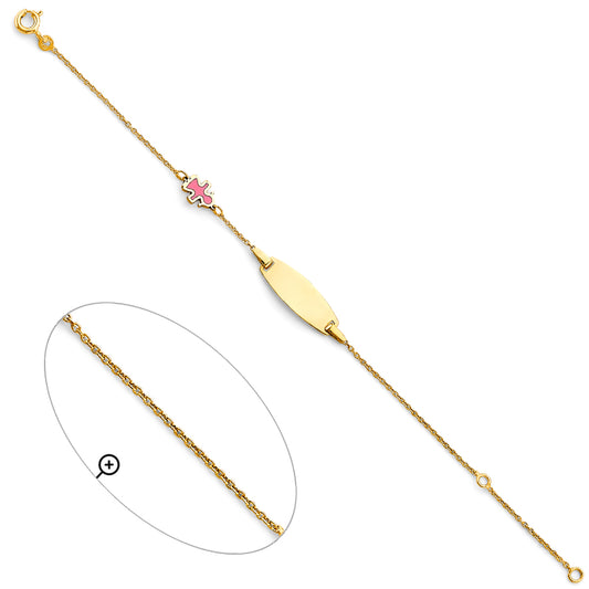 14K Yellow Gold Children’s ID Bracelet with Pink Enamel Girl Charm