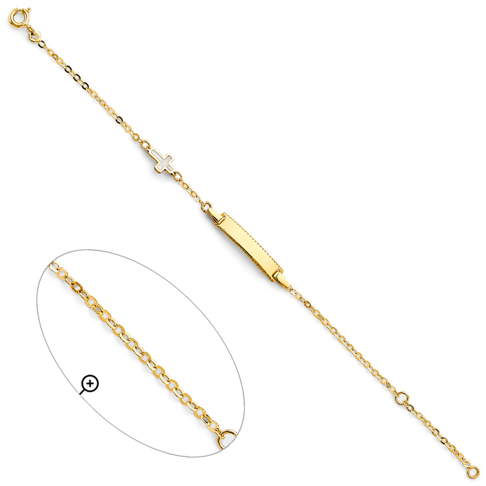 14K Yellow Gold Children’s ID Bracelet with White Enamel Cross