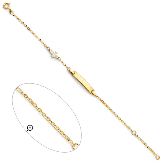 14K Yellow Gold Children’s ID Bracelet with White Enamel Cross