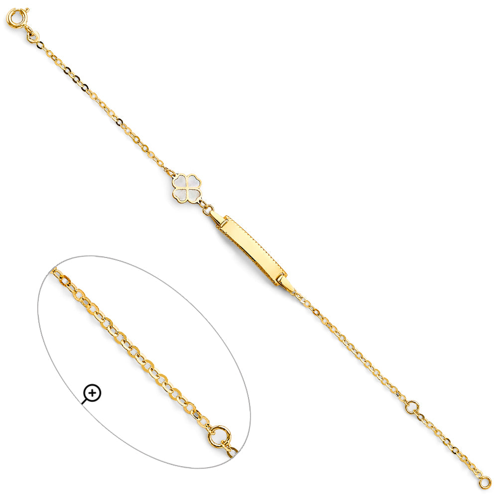 14K Yellow Gold Children’s ID Bracelet with White Enamel Clover