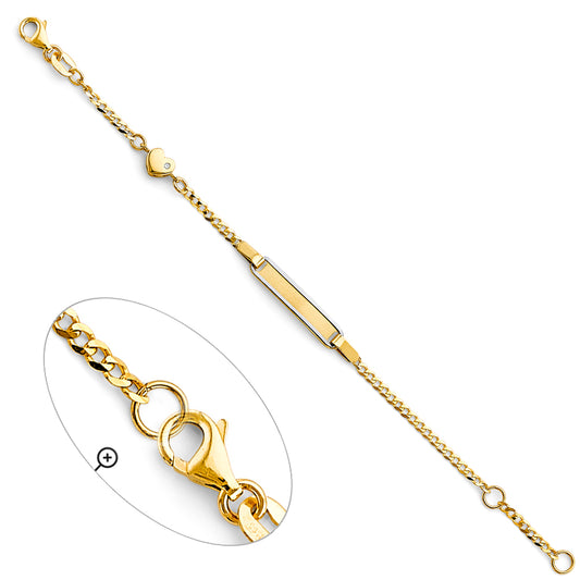14K Yellow Gold Children’s ID Bracelet with Curb Link Chain and Heart Charm Accented with Cubic Zirconia