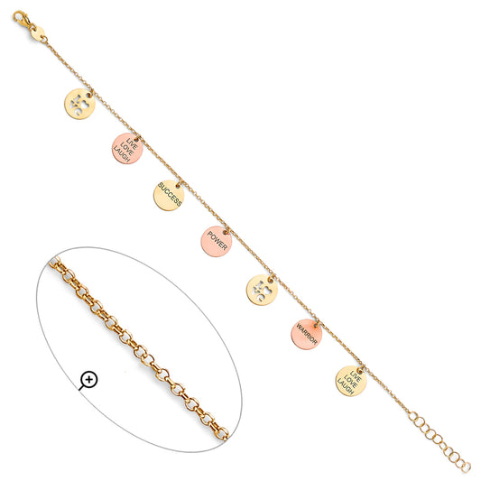 14K Tri-Color Gold Woman’s Inspirational Charm Bracelet