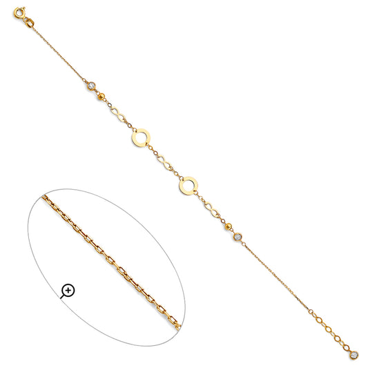 14K Yellow Gold Infinity and Circle Link Bracelet with CZ Accents