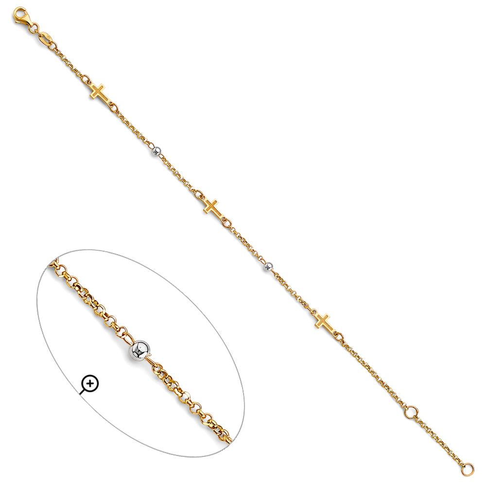 14K Two-Tone Gold Beaded Cross Design Bracelet