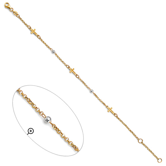 14K Two-Tone Gold Beaded Cross Design Bracelet